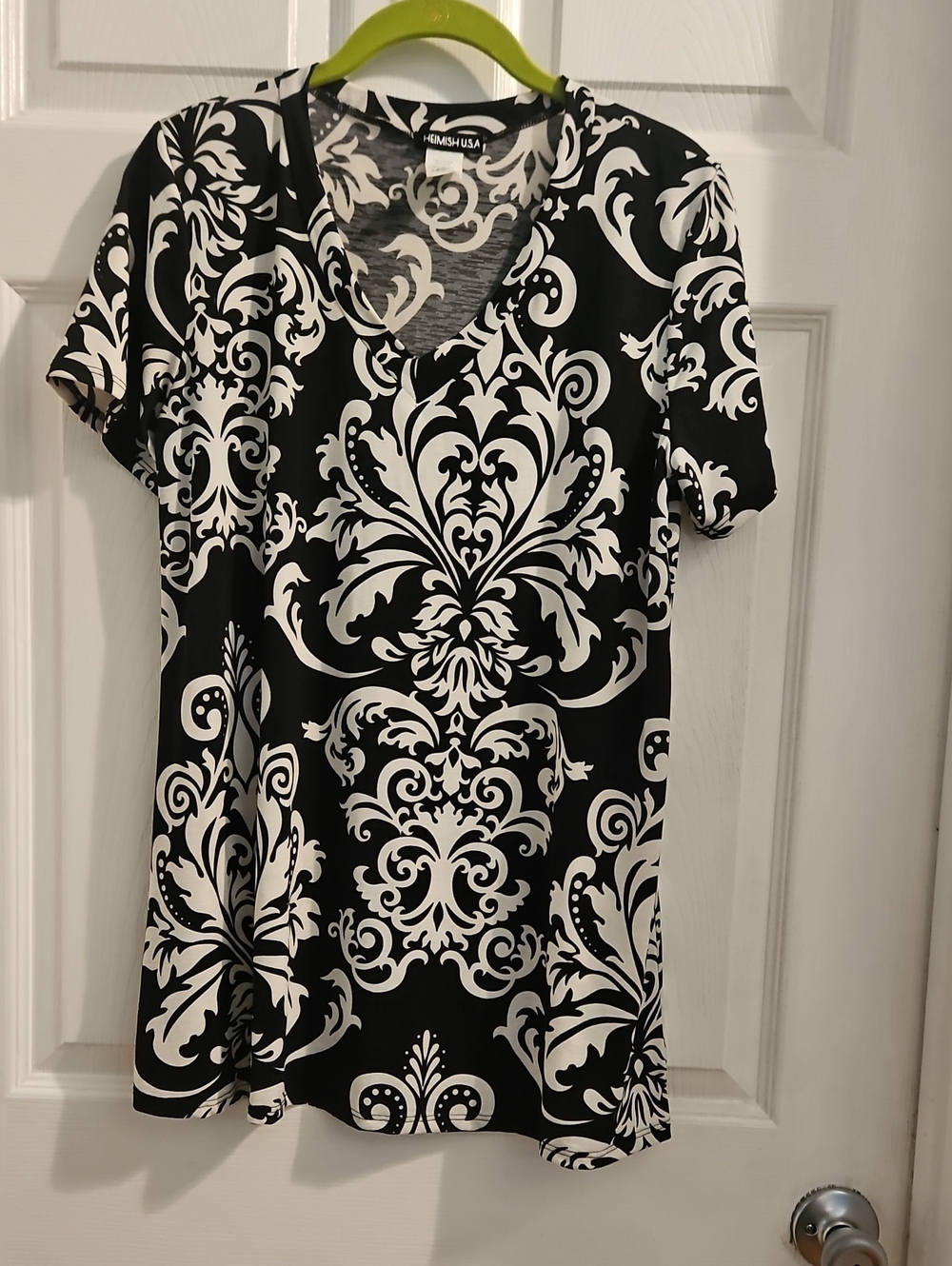 HEIMISH USA Black and White Damask V-Neck Tee